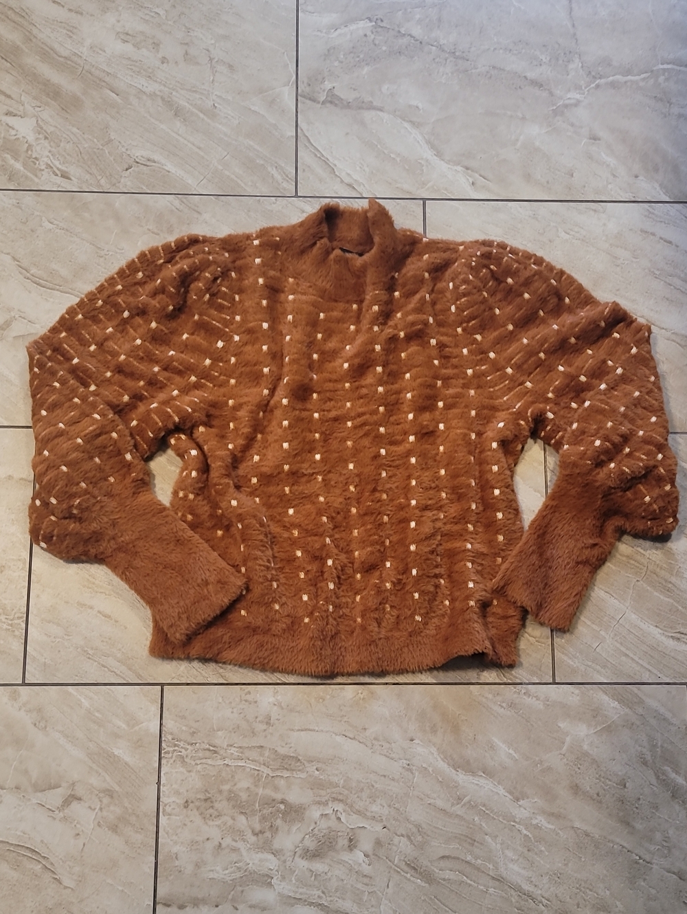 Ann Taylor Plush Funnel Neck Sweater in Rust Brown & Cream